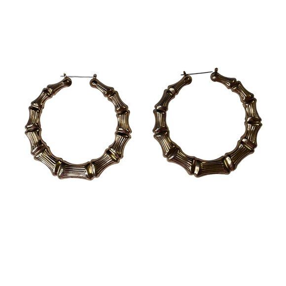 Vintage Gold Tone Bamboo Hoop Earrings Large Statement Jewelry Hip Hop u - Picture 1 of 4